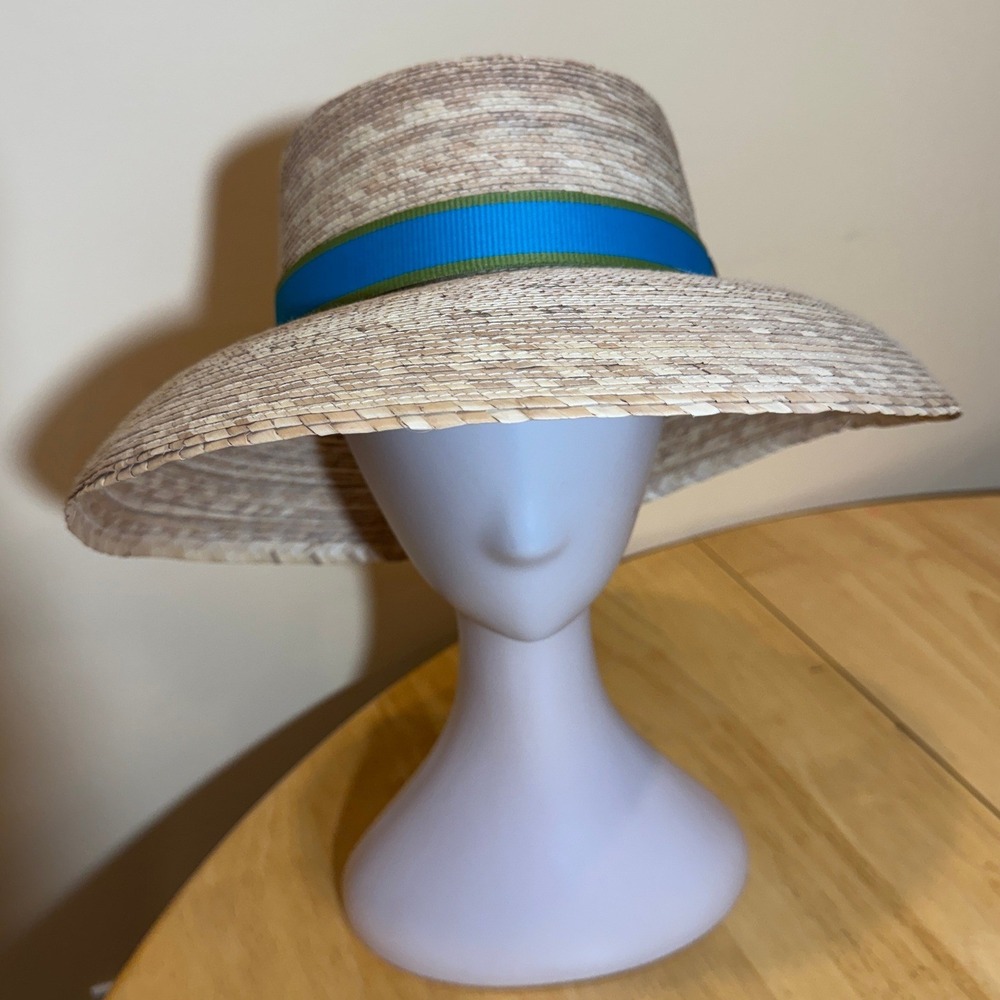 Tula Austin Texas Woven Palm Straw Sun Hat Wide Brim Blue Green Ribbon Mexico